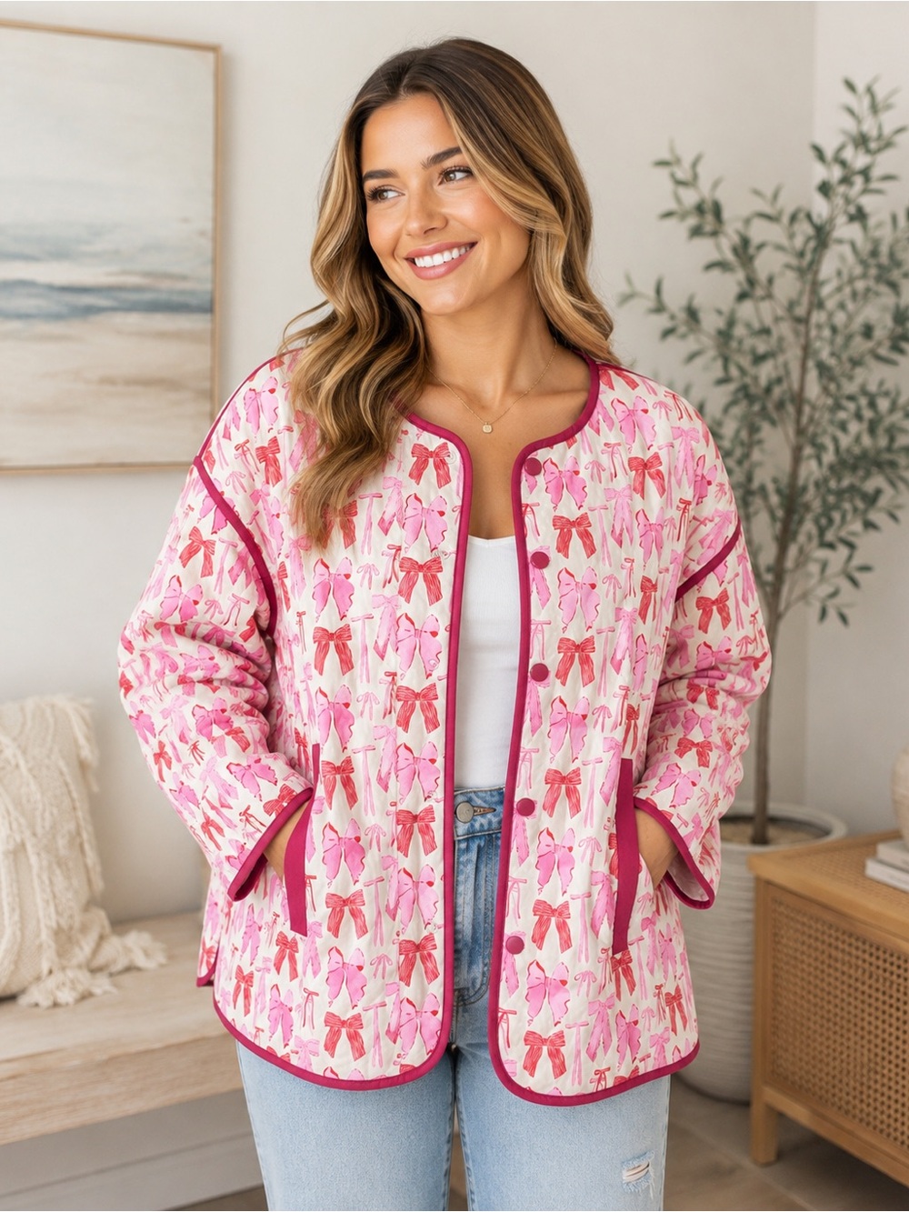 Entro Pink Bow Print Quilted Jacket NWT XL